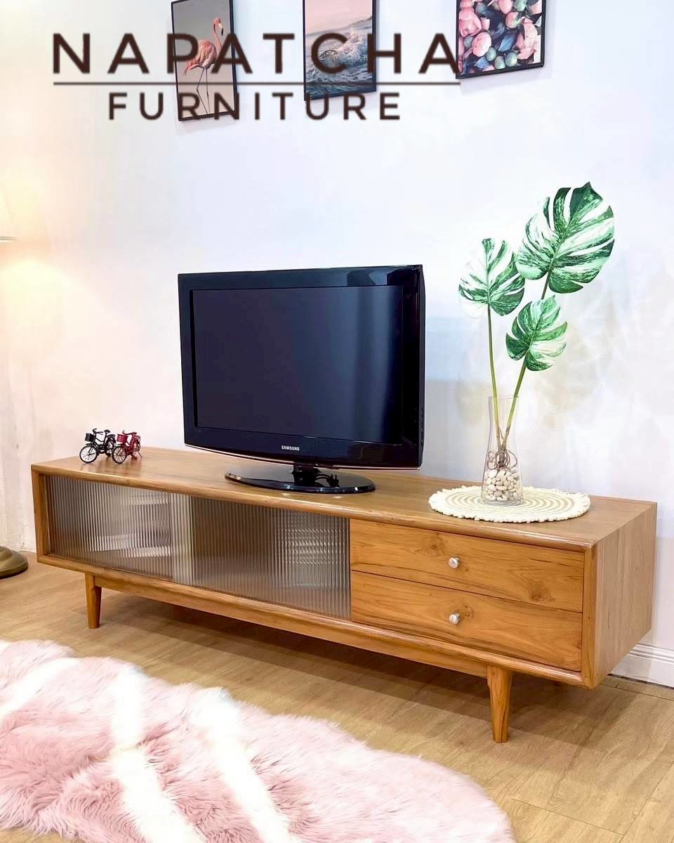 ตู้วางทีวีไม้สักแท้ NAPATCHA FURNITURE รุ่นลูกฟูกกระจก ไม้สักแท้ ขนาด 180X45X50 ซม. สีไม้สักธรรมชาติ_2